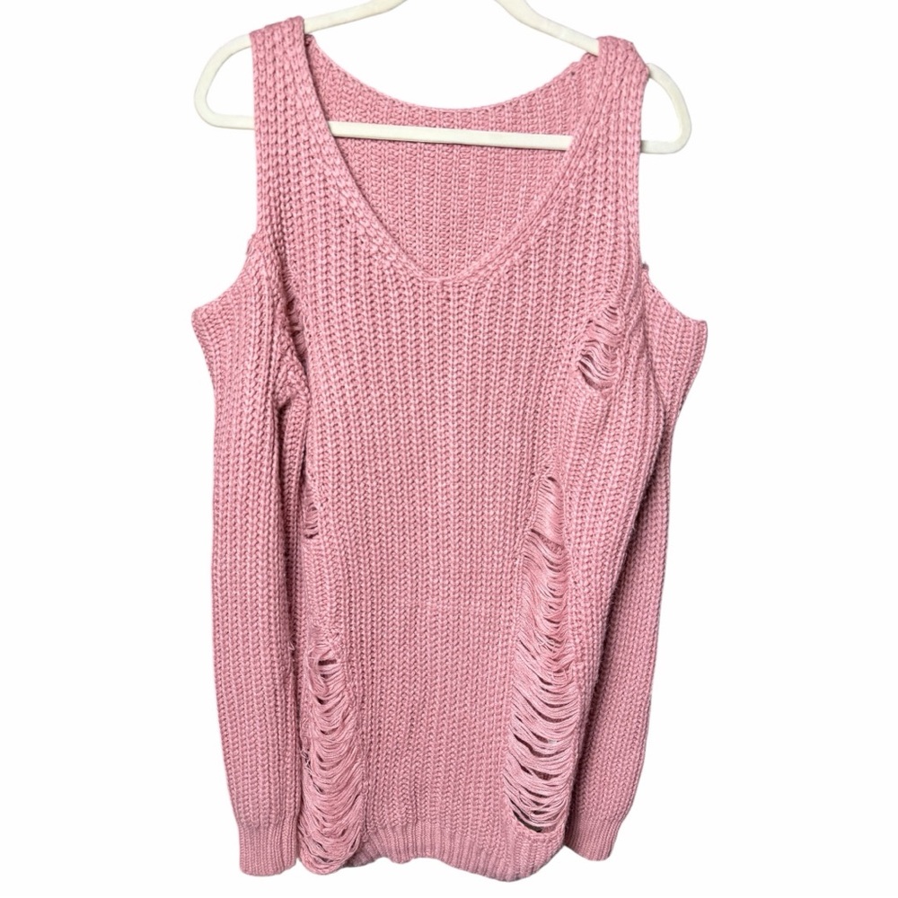 Pink Distressed Cable Knit Open Shoulder V-Neck Sweater Oversized Fits M/Large